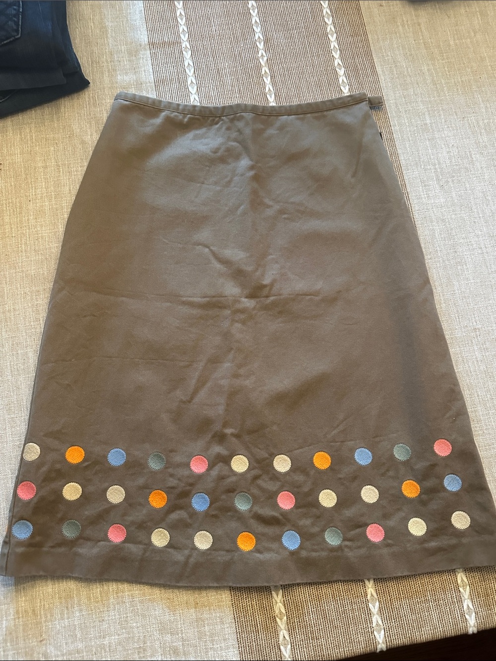 Boden Brown A-Line Skirt with Multicolor Polka Dot Border